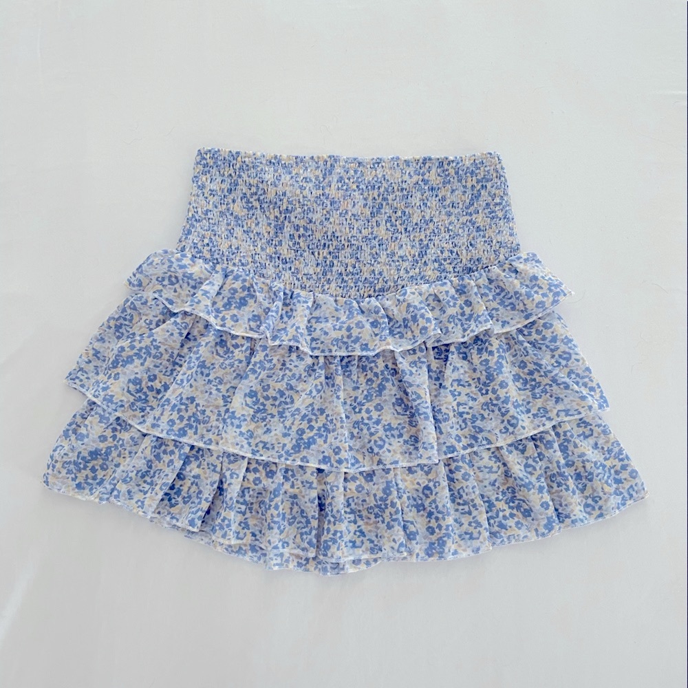 Pink Lily Delightful In Daisies Smocked Waist Floral Blue Skirt